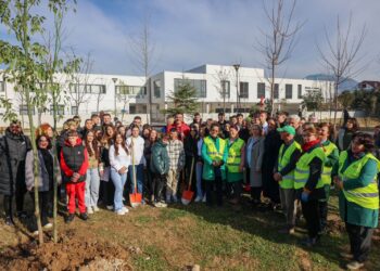 Erion Veliaj dhe Çiljeta Xhilaga mbjellin pemë pranë shkollës “Sevasti Qirjazi”