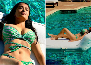 Salma Hayek pozon me bikini mbi një dyshek plazhi dhe…